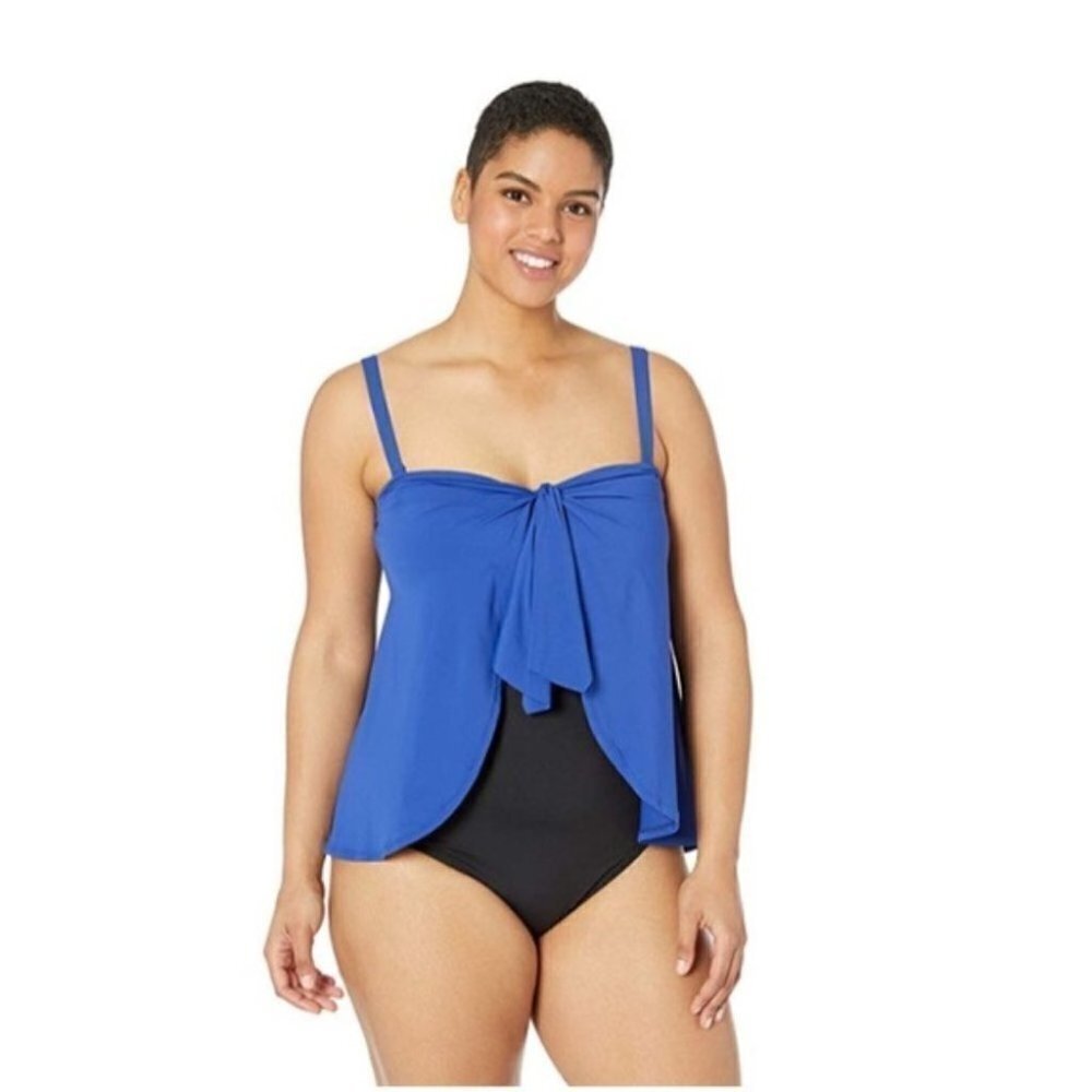 Chaps Blue Draped Flyaway Plus Size Swimsuit 16W